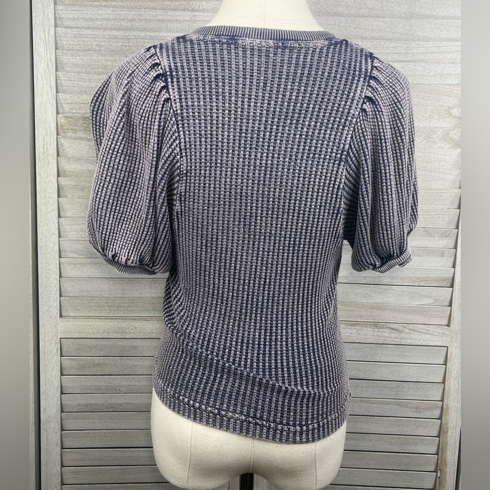 FREE PEOPLE (One) Puff Sleeve Waffle Knit Tee Acid Wash Blue-XS - Picture 3 of 3
